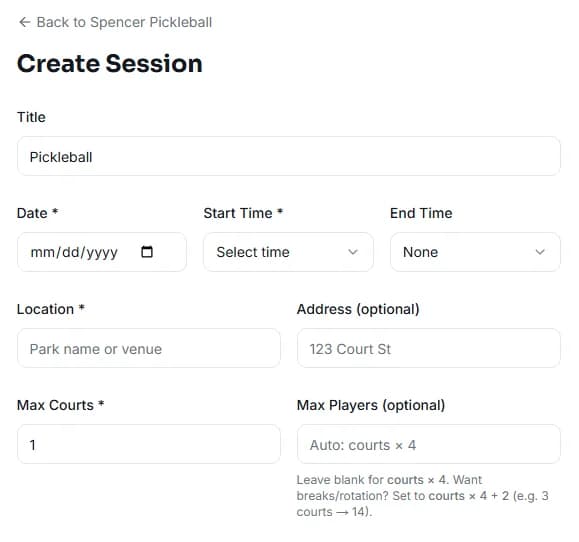 Create session form in DinkPlan