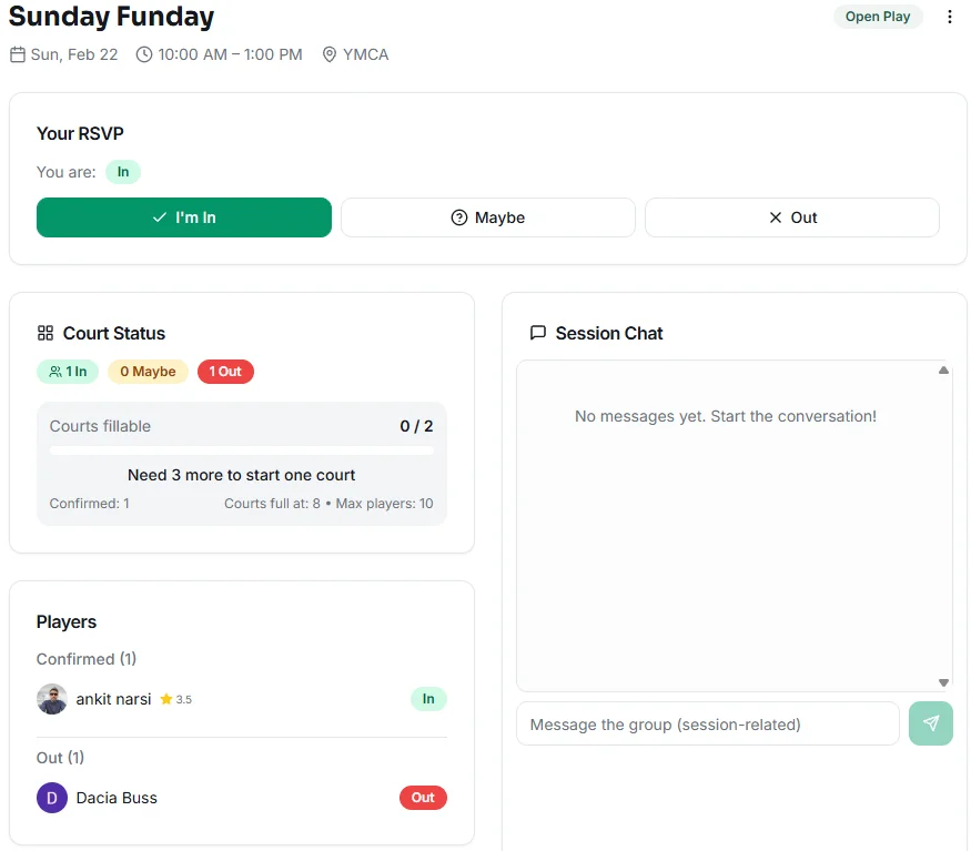 Session RSVP controls and court status in DinkPlan